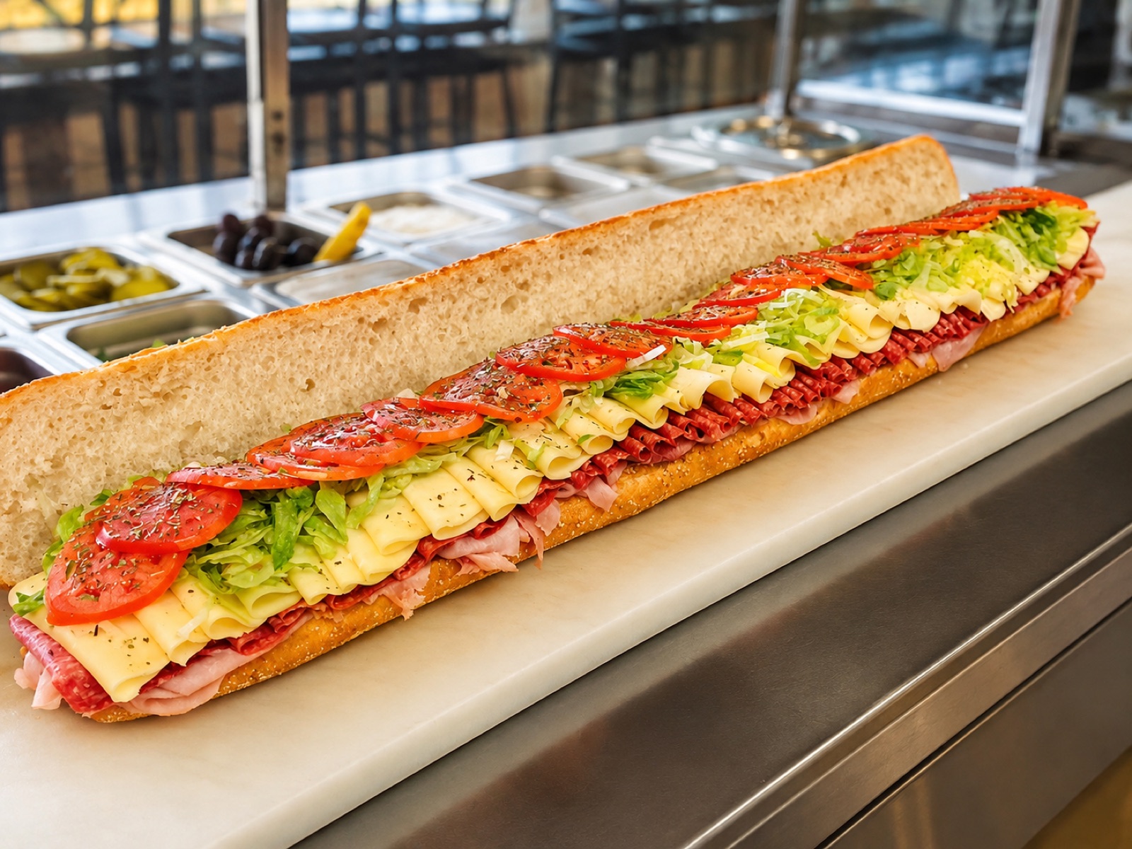 Six-foot Italian party sub layered with salami, ham, provolone, lettuce and tomato, available for catering