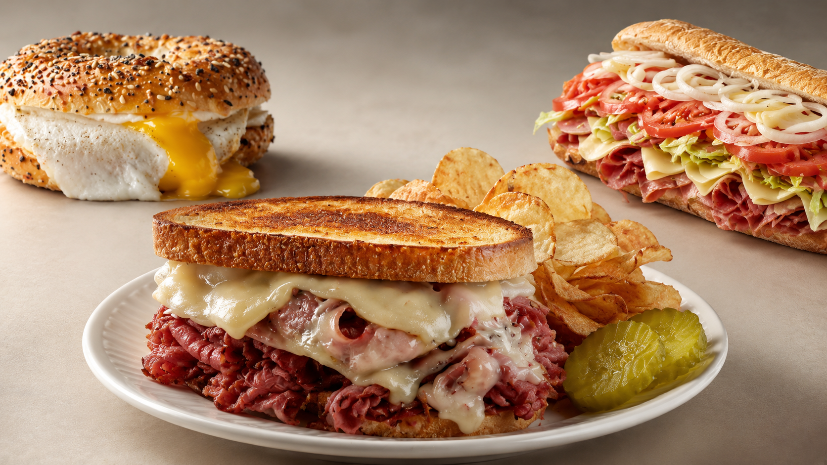 Bagel breakfast sandwich, hot pastrami sandwich, chips, pickles and a deli sub from Newyork Cafe & Grill in Edison, NJ