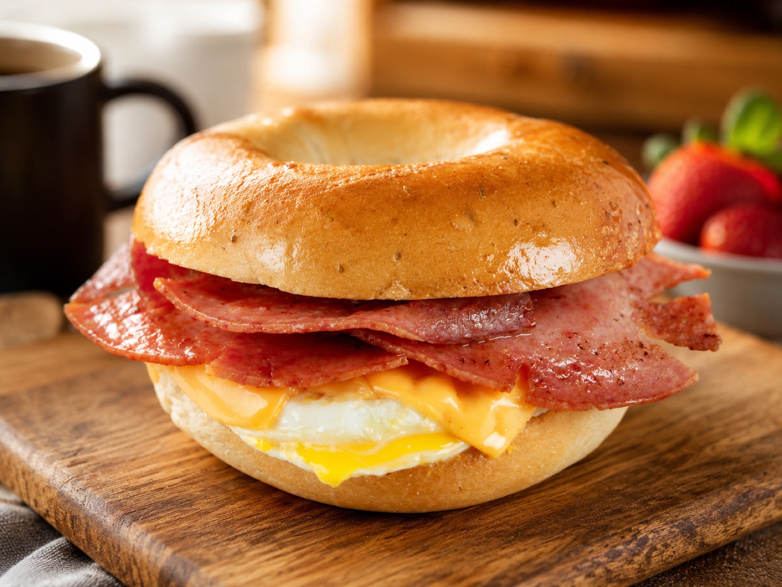 Taylor ham, egg and cheese on a toasted bagel with a mug of coffee